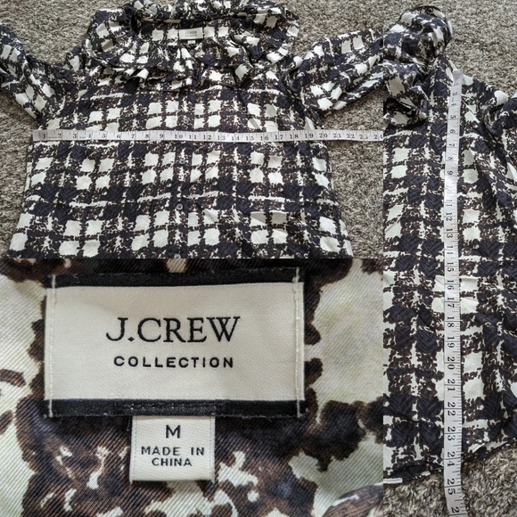 J Crew black brown cream plaid ruffle neck 100% silk button up M - Picture 8 of 8
